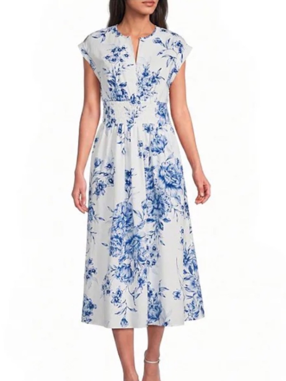 Calvin Klein Floral Print V-Neck Cotton Poplin Midi Dress